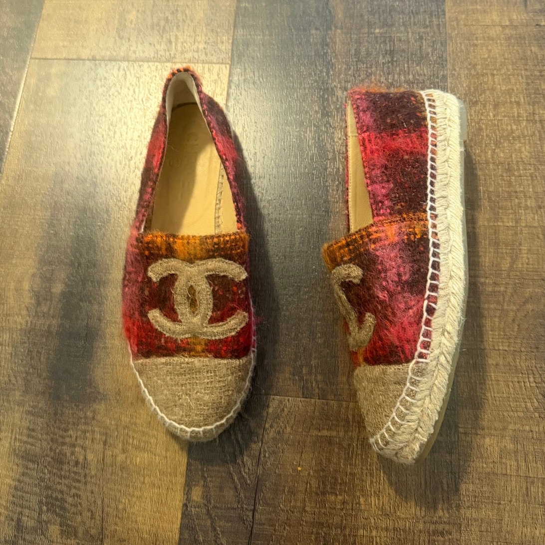 Chanel Tweed Espadrilles Flats Eu 37 Burgundy Cc Logo Wool Shoes